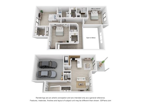 A 3D floor plan of Polaris Townhome with two bedrooms, a living room, a kitchen, and a garage.